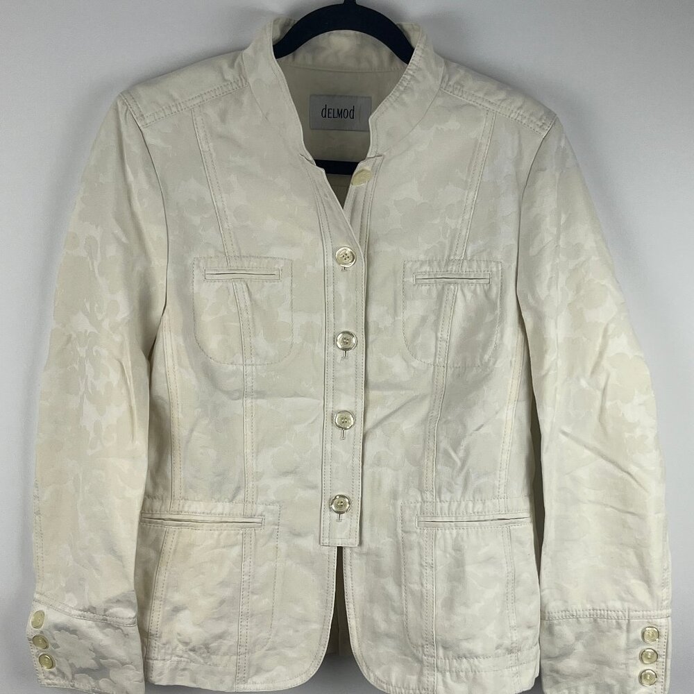 Delmod Blazer Jacket Size 8 Creamy White Long Sleeve Button Up Floral Pattern